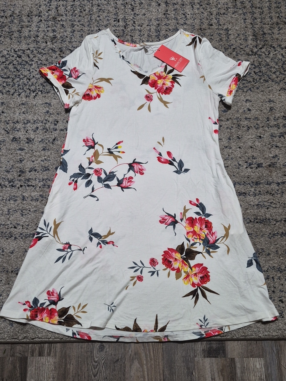Floral White & Pink Midi Dress with Short Sleeves